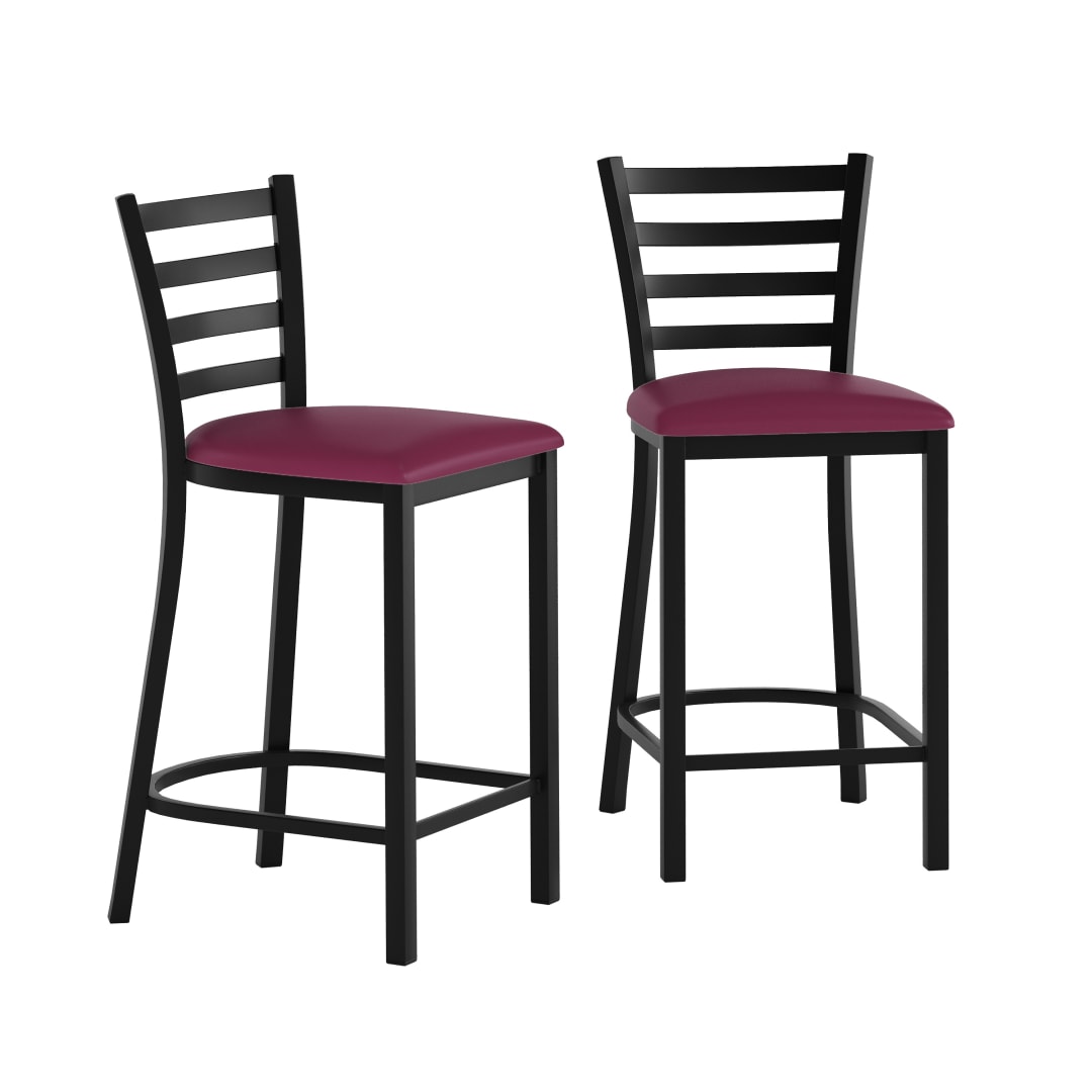 2 Pack HERCULES Black Ladder Back Metal Restaurant Counter Stool - Burgundy Vinyl Seat