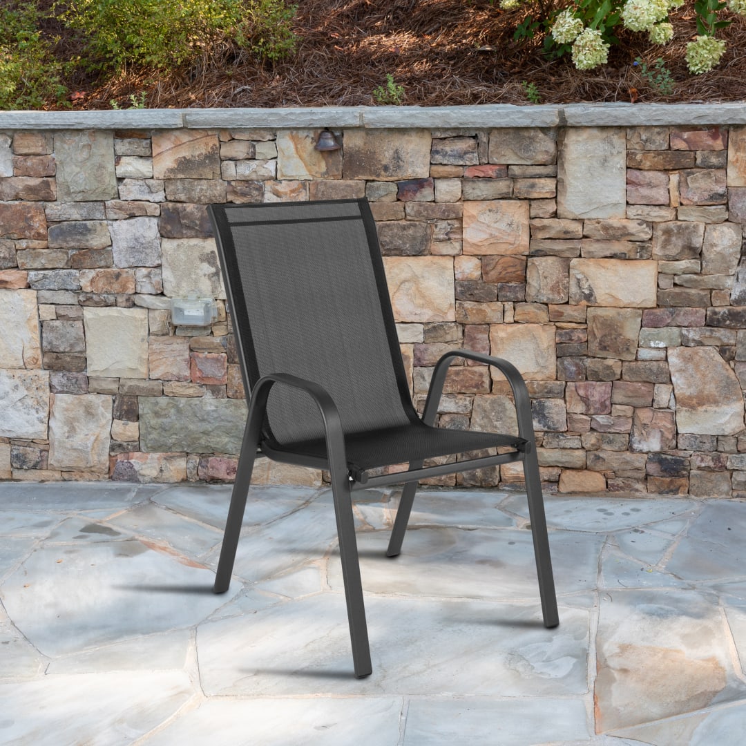 Brazos Series Black Outdoor Stack Chair with Flex Comfort Material and Metal Frame