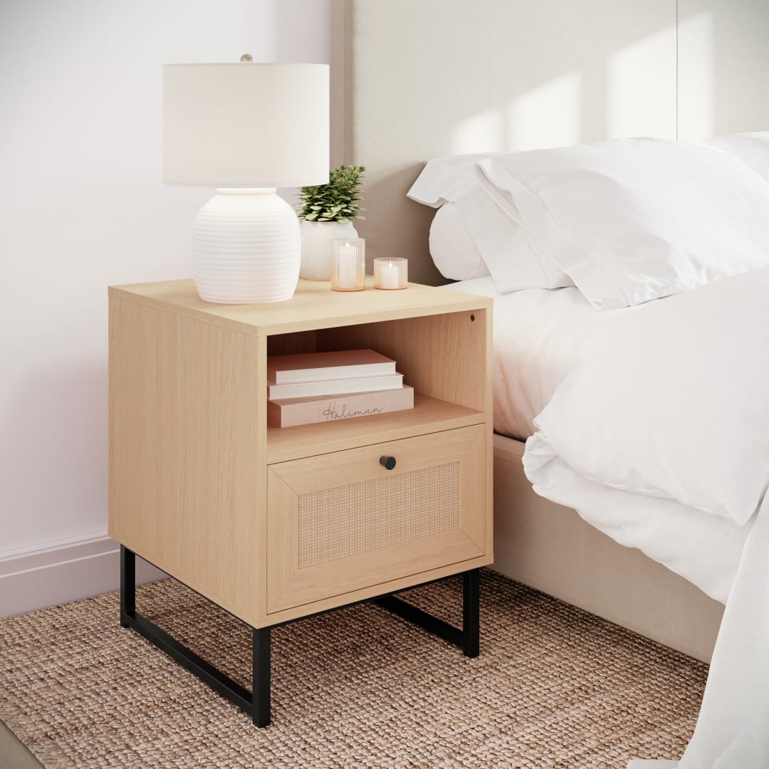 Malaki Mid-Century Modern Nightstand or End Table with Rattan Accented Drawer, Open Upper Shelf, and Metal Legs in Natural