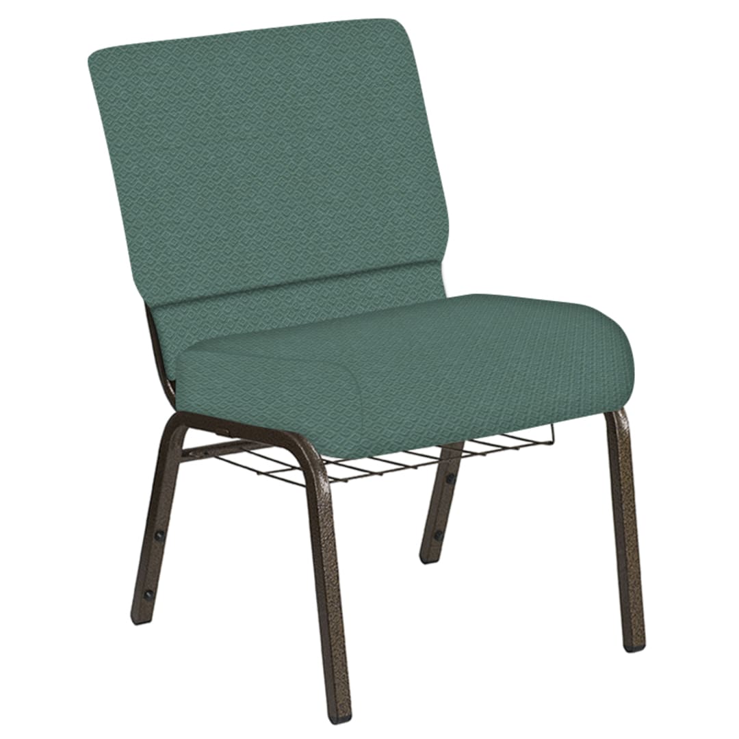 Embroidered 21''W Church Chair in Venus Aloe Fabric with Book Rack - Gold Vein Frame