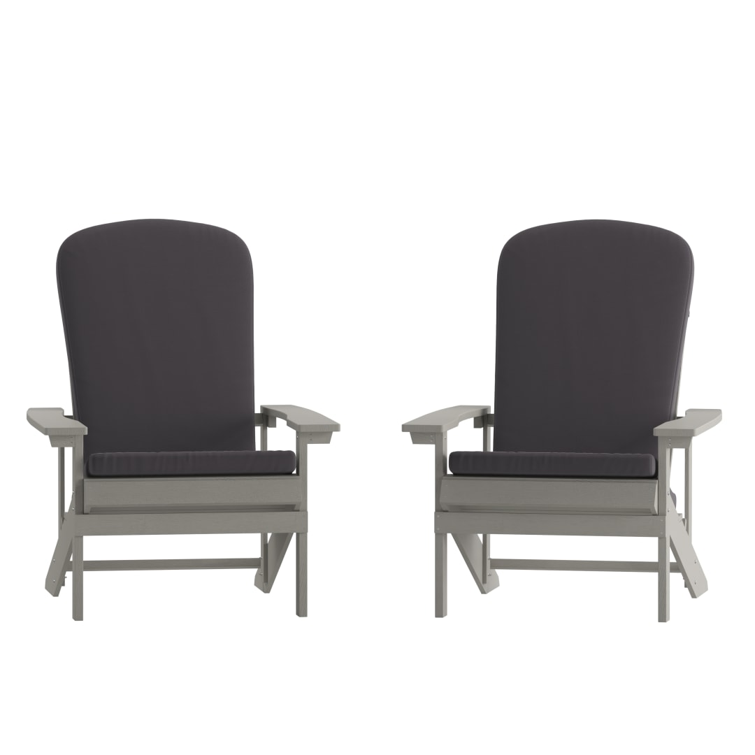 Charlestown Set of 2 All-Weather Poly Resin Wood Adirondack Chairs in Gray with Gray Cushions for Deck, Porch, and Patio