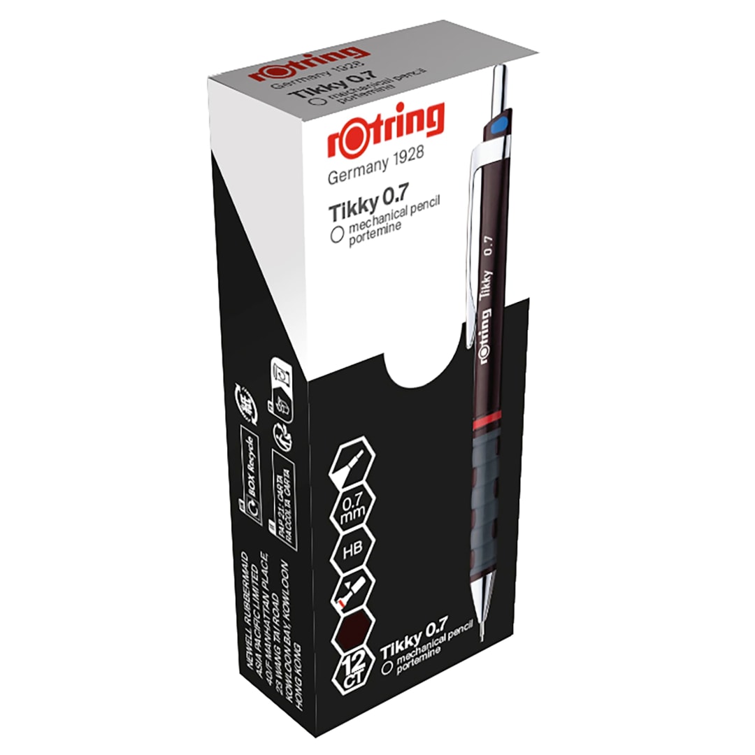 rOtring Tikky Colour-Coded Mechanical Pencils | 0.7 mm | Burgundy Barrel | Box of 12