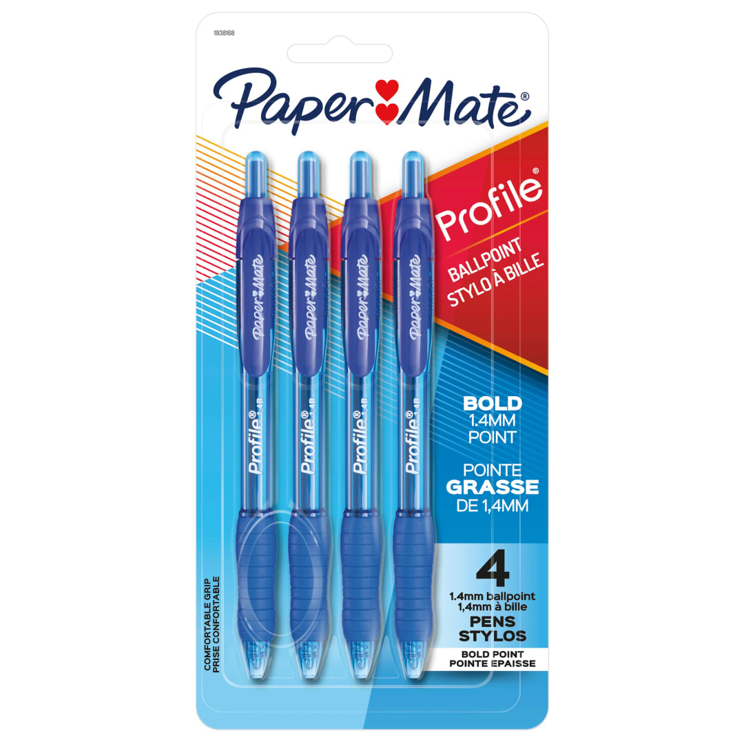 Stylos bille Paper Mate Profile, stylos rétractables, pointe grasse (1,4 mm), bleu, 4 unités
