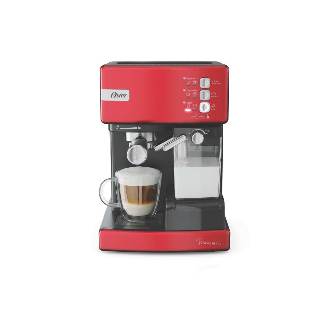 Oster® Cafetera Automática PrimaLatte™, de Espresso Cappuccino y Latte, de 15 Bares, con Depósito de Leche Desmontable, Roja