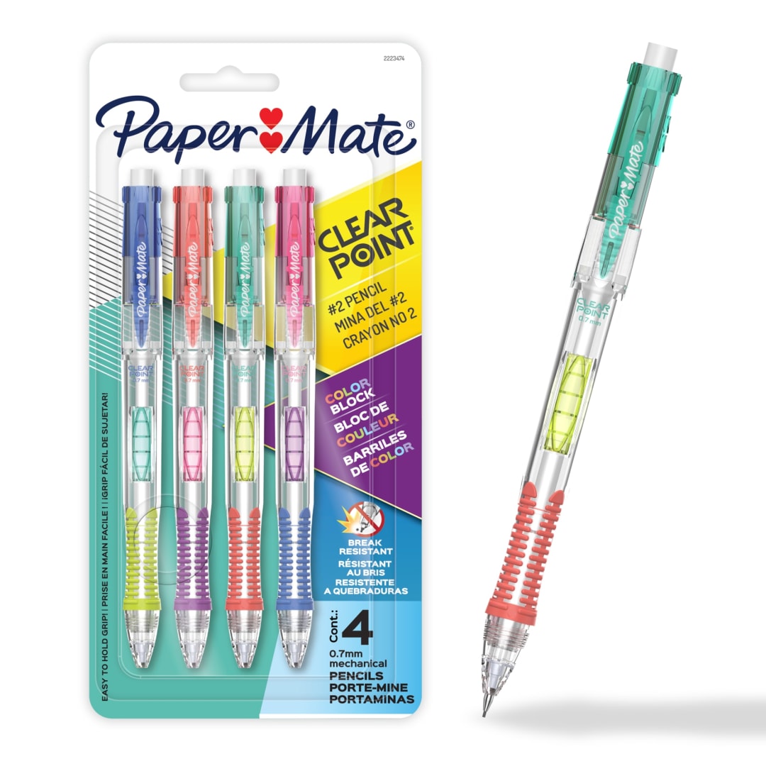 Paper Mate Clearpoint Mechanical Pencil, Break-Resistant, Color Block Edition, HB #2 Lead (0.7mm), 4 Count