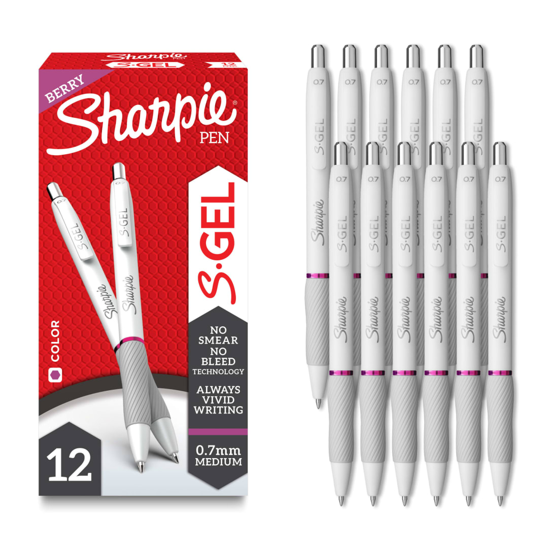 Sharpie S-Gel Pens, Pearl White Body, Medium (0.7mm) Point, Berry Ink, 12 Count