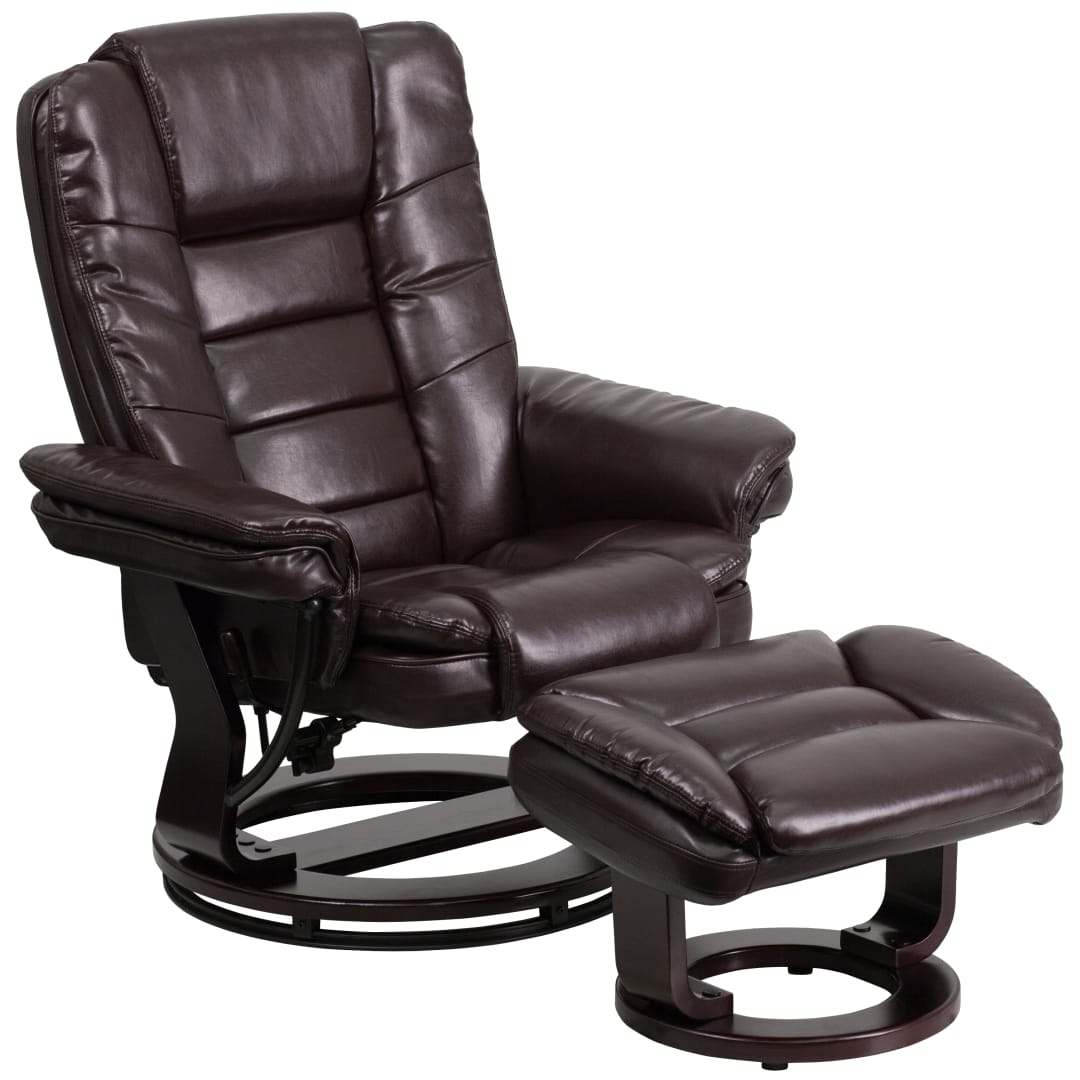 Bali Contemporary Multi-Position Recliner with Horizontal Stitching and Ottoman with Swivel Mahogany Wood Base in Brown LeatherSoft