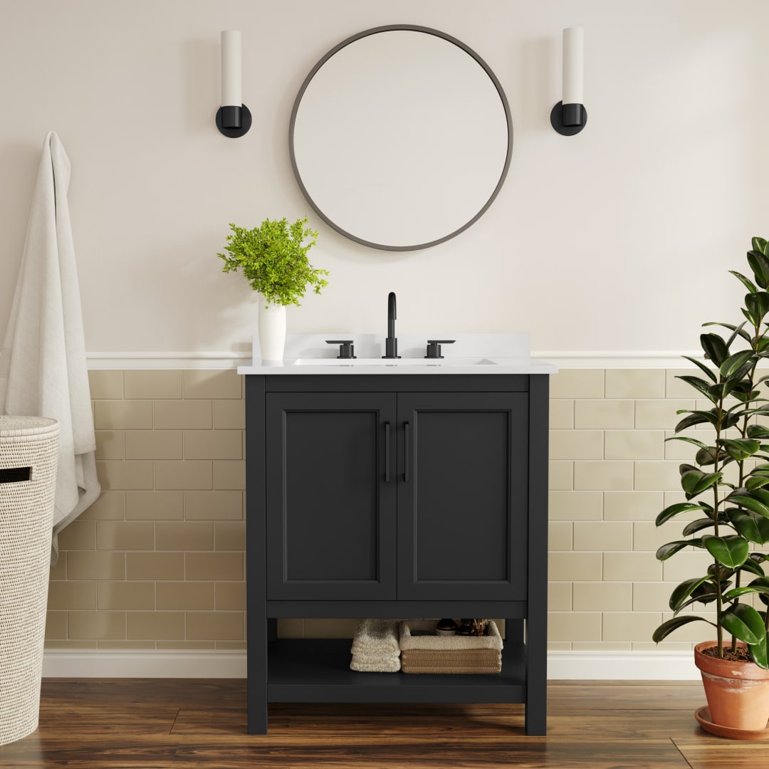 Vega 30" Bathroom Vanity with Sink, Storage Cabinet with Soft Close Doors &amp; Open Shelf, Carrara Marble Finish Counter &amp; Black Hardware, Black/White