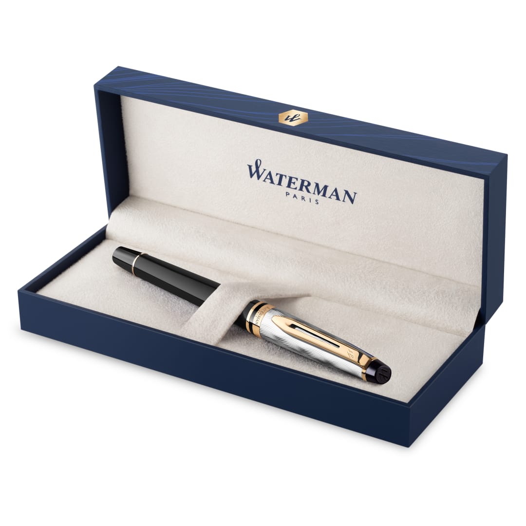 Waterman Expert | RollerBall® Pen | Metal & Black Lacquer with Gold trim & Chiselled cap | Fine tip | Black Ink | Gift Box