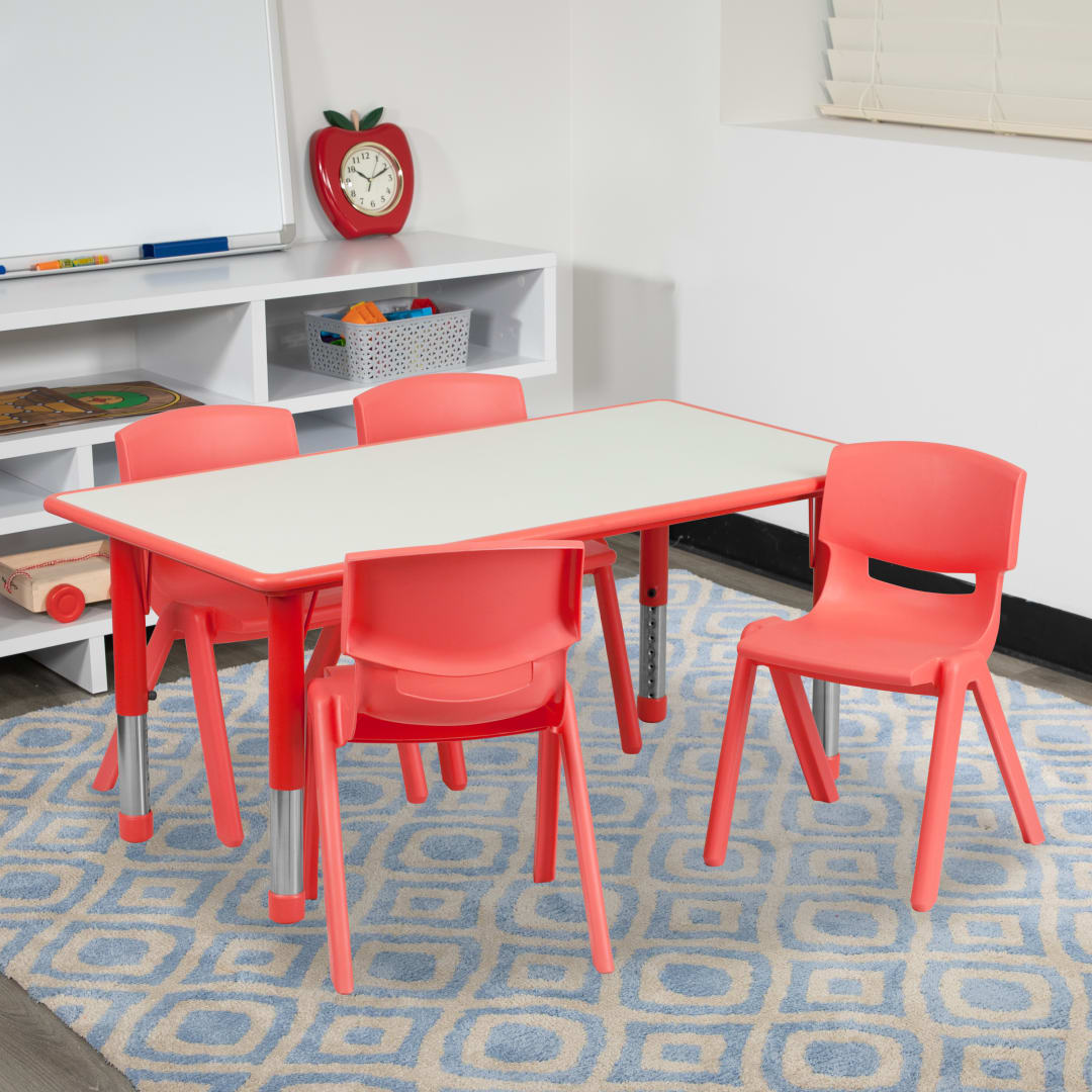 Emmy Adjustable Kids Activity Table Set – 23.6" x 47.25" Red/Gray Plastic Table with 4 Red Chairs – Classroom &amp; Daycare Table for Toddlers &amp; Kids