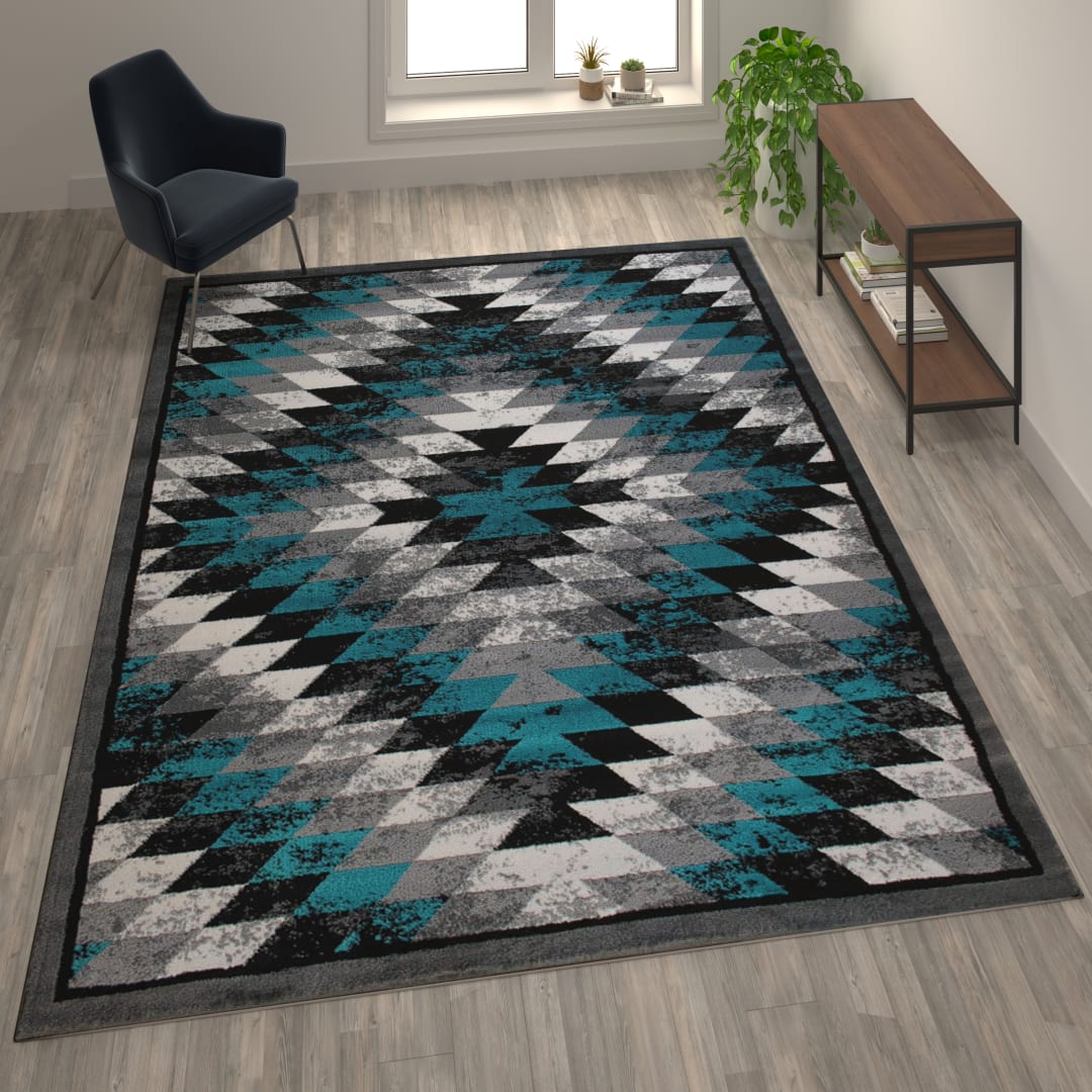 Teagan Collection Southwestern 8' x 10' Turquoise Area Rug - Olefin Rug with Jute Backing - Entryway, Living Room, Bedroom