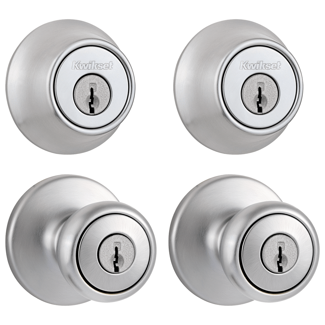 242 Tylo Keyed Entry Knob and Single Cylinder Deadbolt Project Pack in Satin Chrome