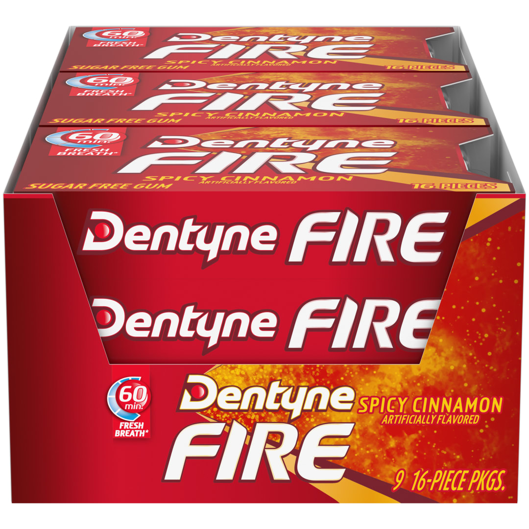 Dentyne Fire Sugar Free Chewing Gum Cinnamon 16 pc Singles - 9 Pack