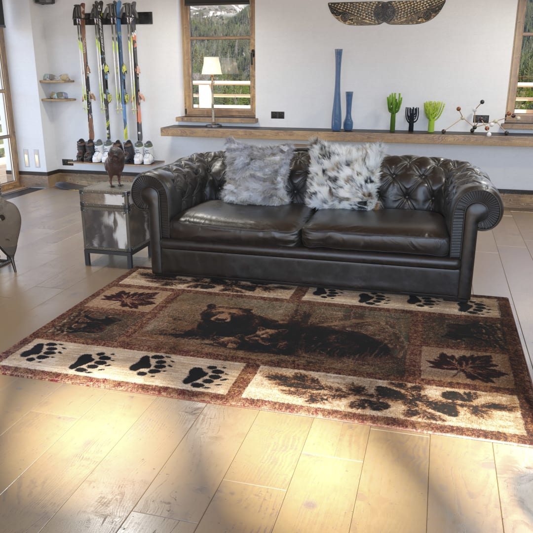 Vassa Collection 6' x 9' Mother Bear &amp; Cubs Nature Themed Olefin Area Rug with Jute Backing for Entryway, Living Room, Bedroom