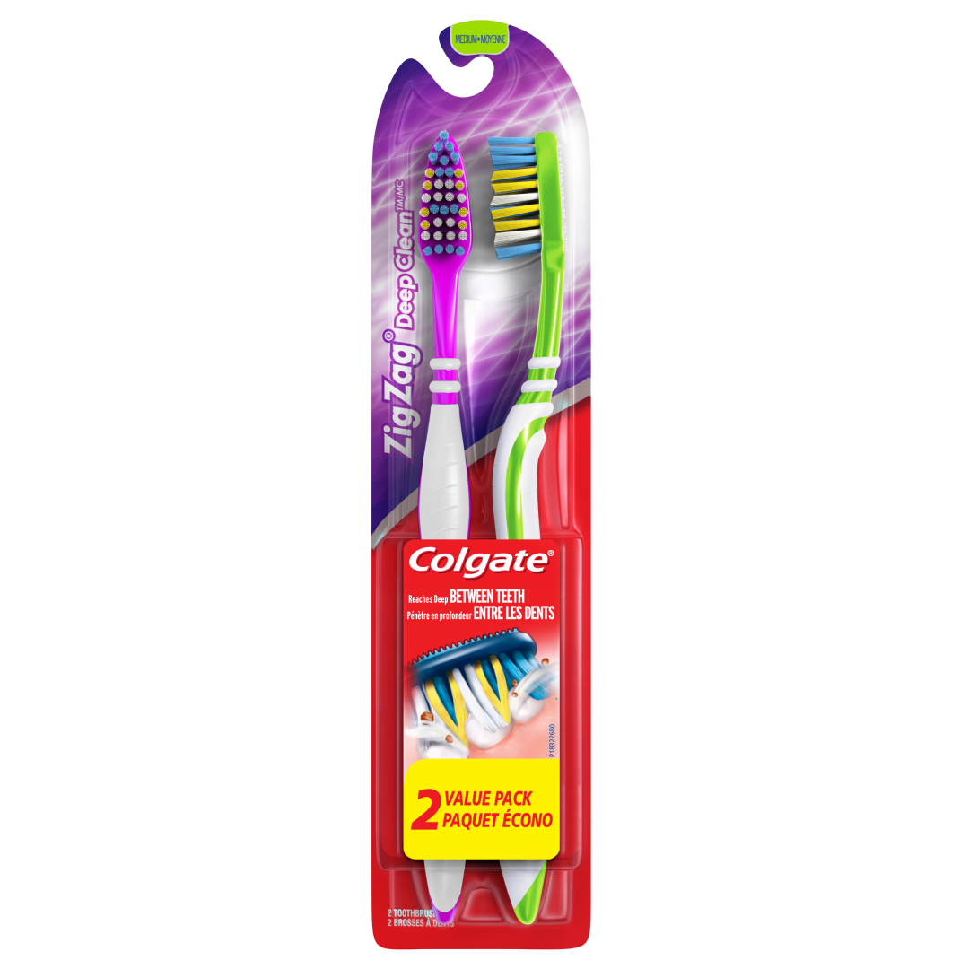 Colgate Zig Zag Deep Clean Medium Toothbrush, Adult Toothbrushes, 2 Pack