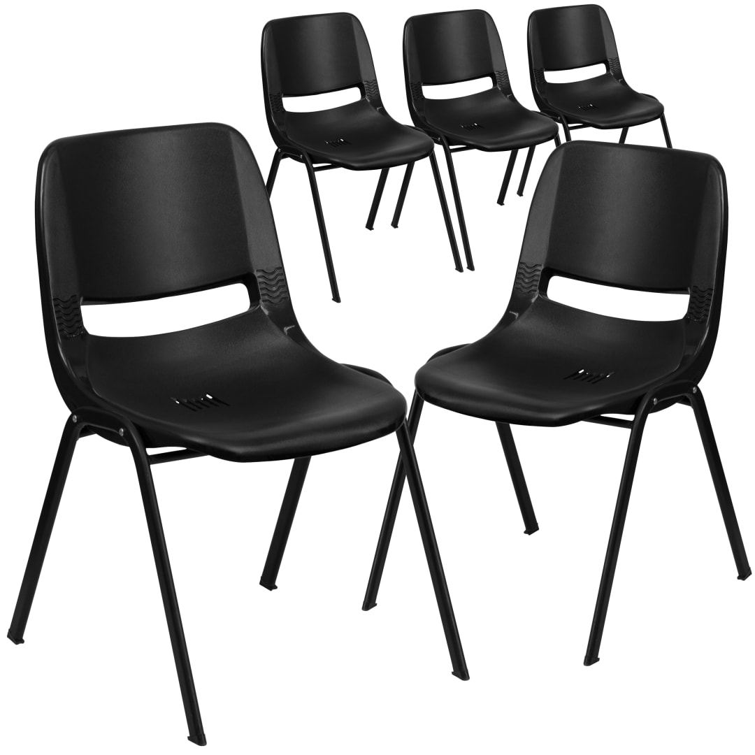 5 Pack HERCULES Series 440 lb. Capacity Kid's Black Ergonomic Shell Stack Chair with Black Frame and 14" Seat Height