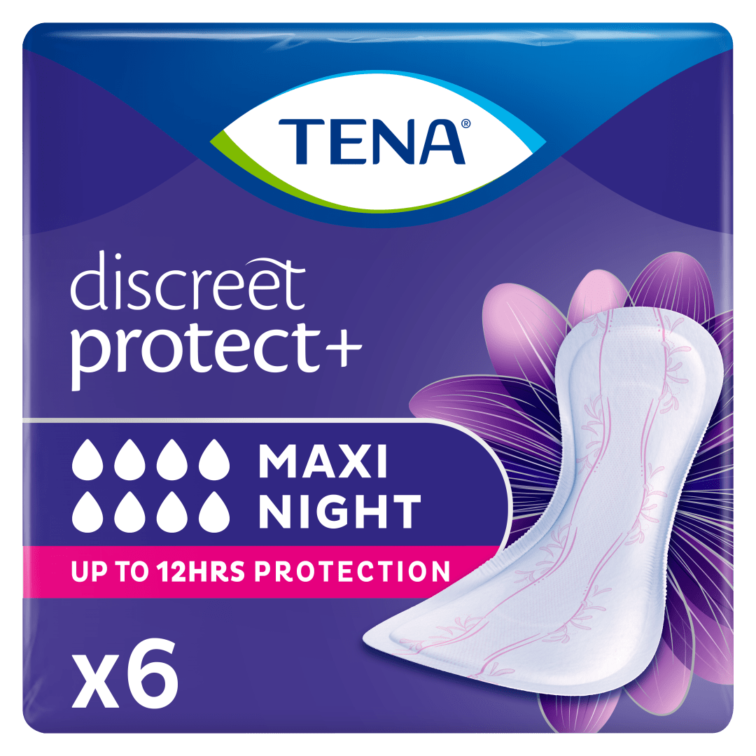 TENA Discreet Protect+ Maxi Night Incontinence Pads for Women - For Heavy Bladder Weakness, Postpartum &amp; Post-Surgery Use -  Extra Length &amp; Width for Lie-Down Protection - Pack of 6