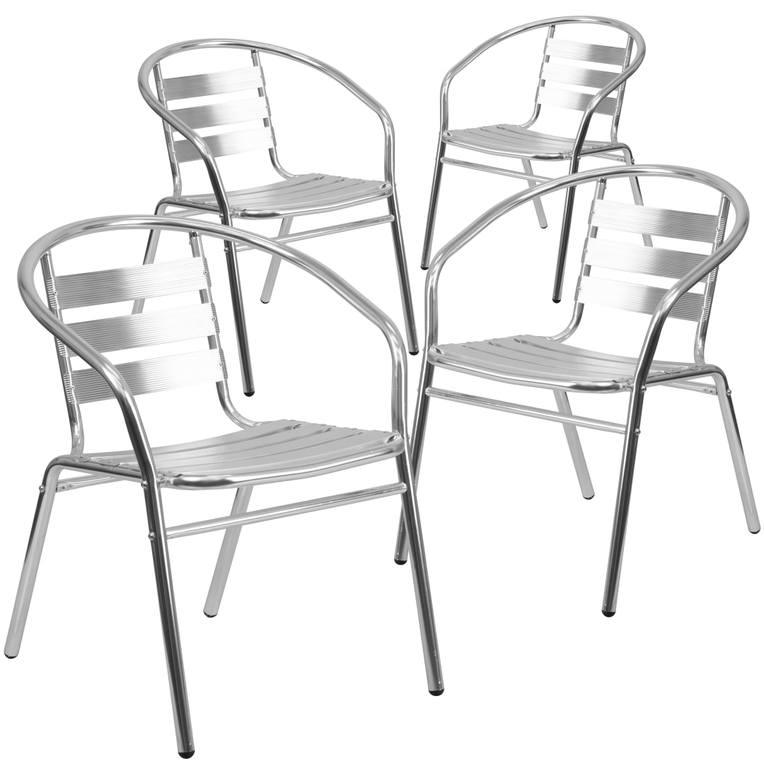 Lila 4 Pack Commercial Aluminum Indoor-Outdoor Restaurant Stack Chair with Triple Slat Back and Arms