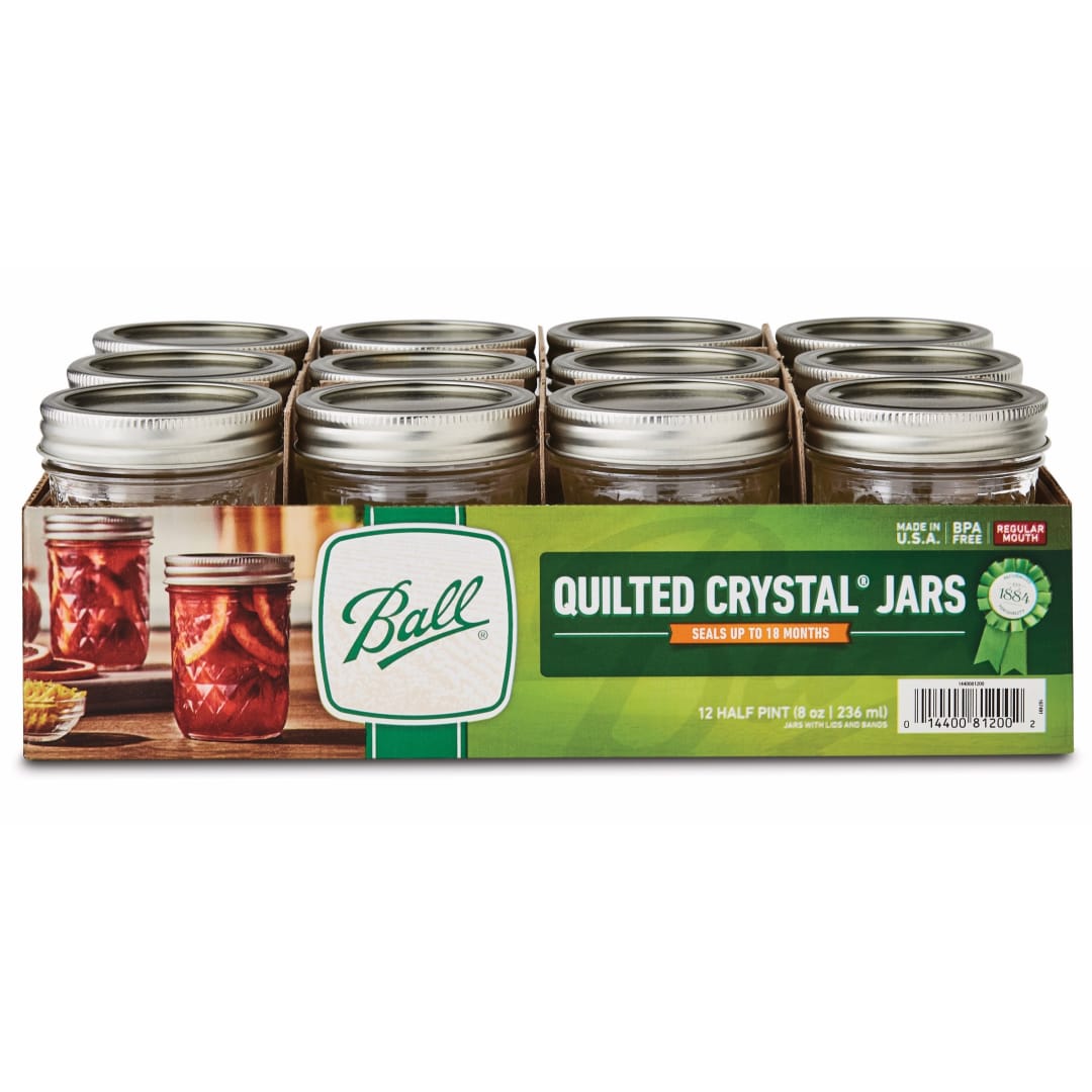 Ball® Quilted Crystal Regular Mouth Half-Pint 8oz. Glass Mason Jar with Lids and Bands, 12 Count