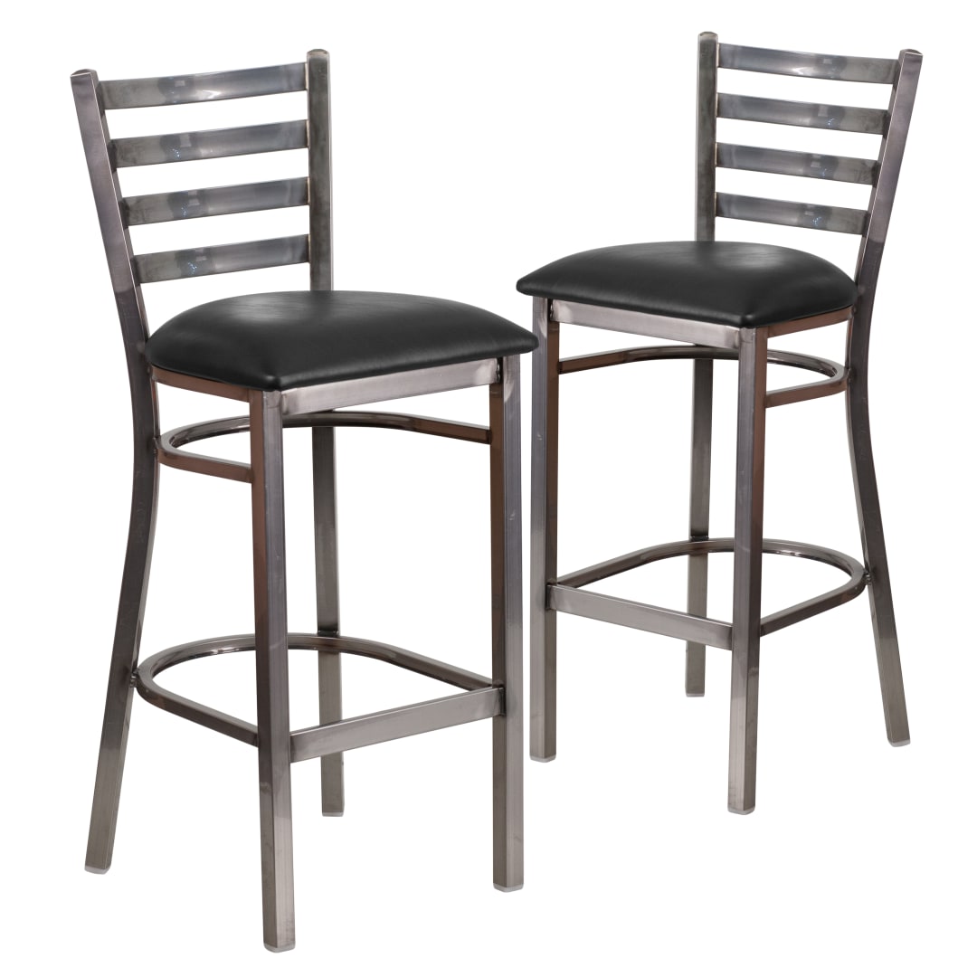 2 Pack HERCULES Series Silver Antique Finish with Clear Coat Ladder Back Metal Restaurant Barstool - Black Vinyl Seat