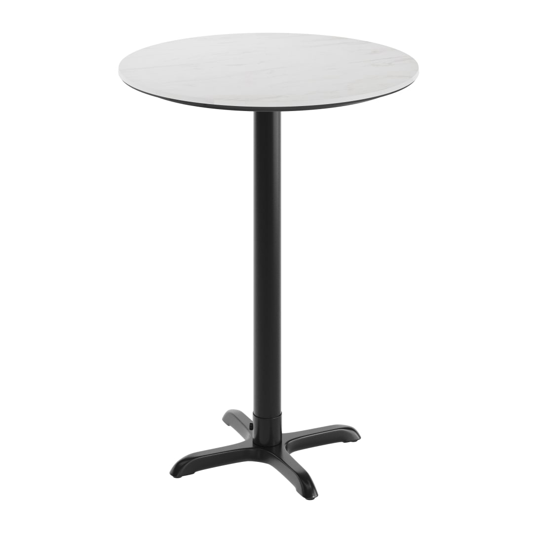 TopGuard 31.25" Round Tabletop, Seamless Surface Technology, White Faux Marble, 22x22 Black Bar Height X-Base, Moisture, Scratch, Heat, UV Resistant