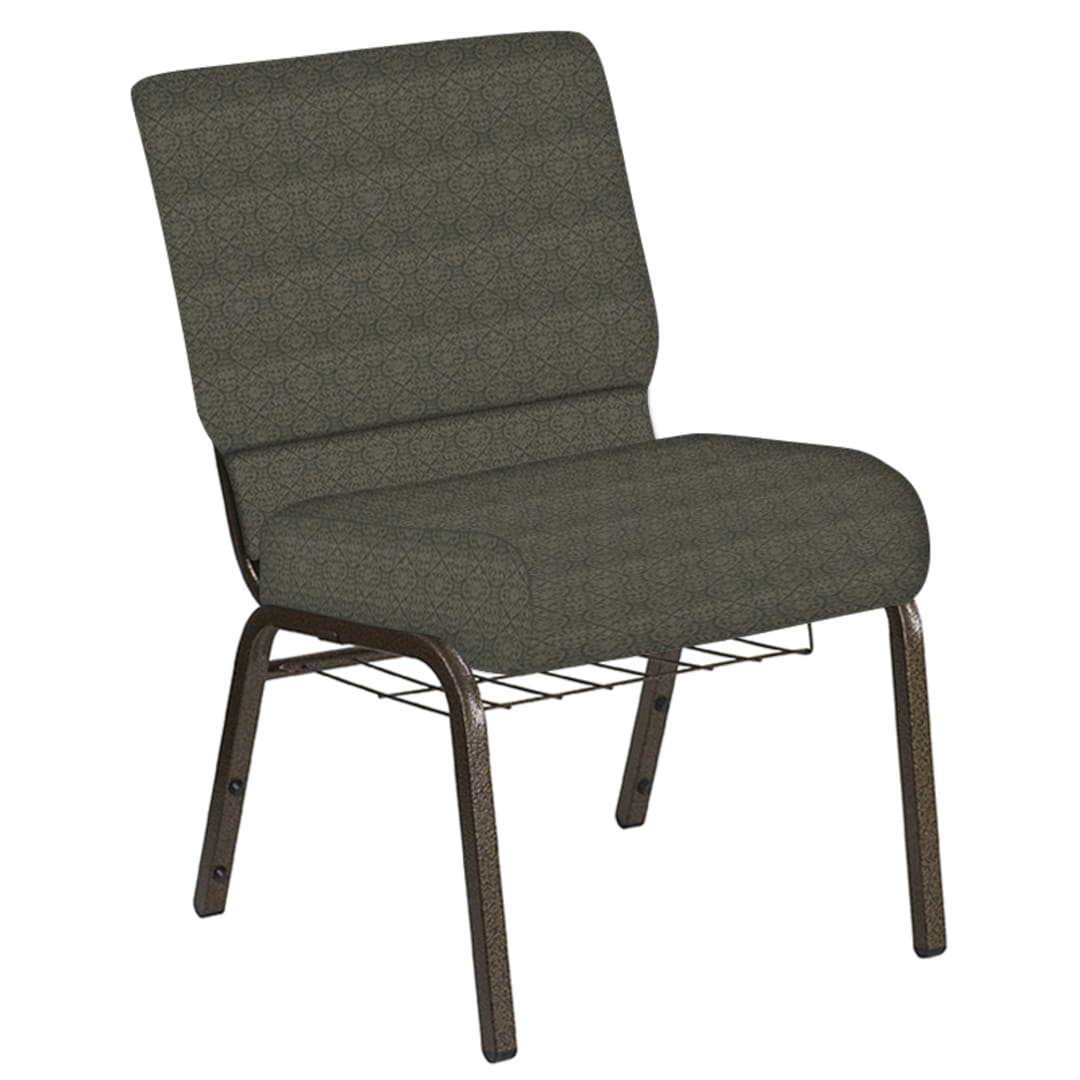 Embroidered 21''W Church Chair in Abbey Fern Fabric with Book Rack - Gold Vein Frame