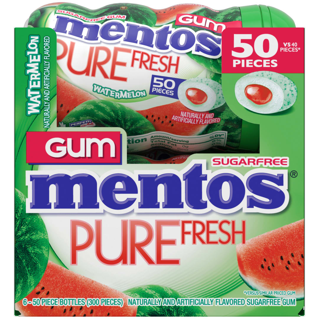 Mentos Gum Pure Fresh Sugar Free Chewing Gum Watermelon 50 pc Curvy Bottles - 6 Pack