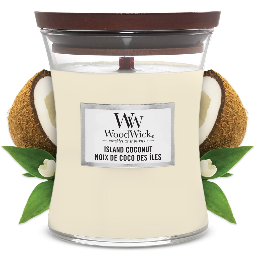 WoodWick® Medium Hourglass Scented Candle | Island Coconut | with Crackling Wick | Burn Time: Up to 60 Hours