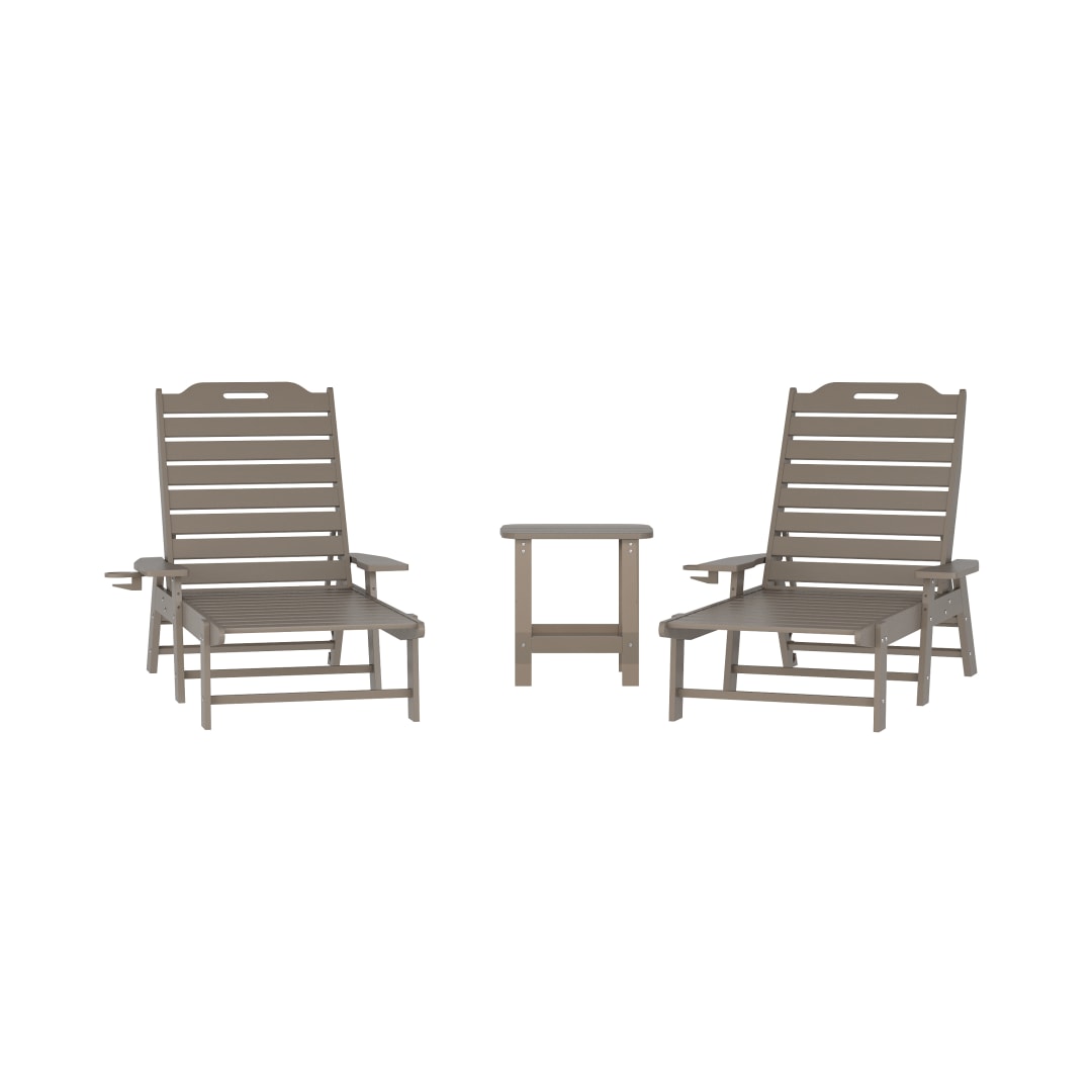Monterey Commercial Grade 3-Piece Indoor/Outdoor Adirondack Set with 2 Adjustable HDPE Loungers with Cup Holders and 2-Tier Side Table in Brown
