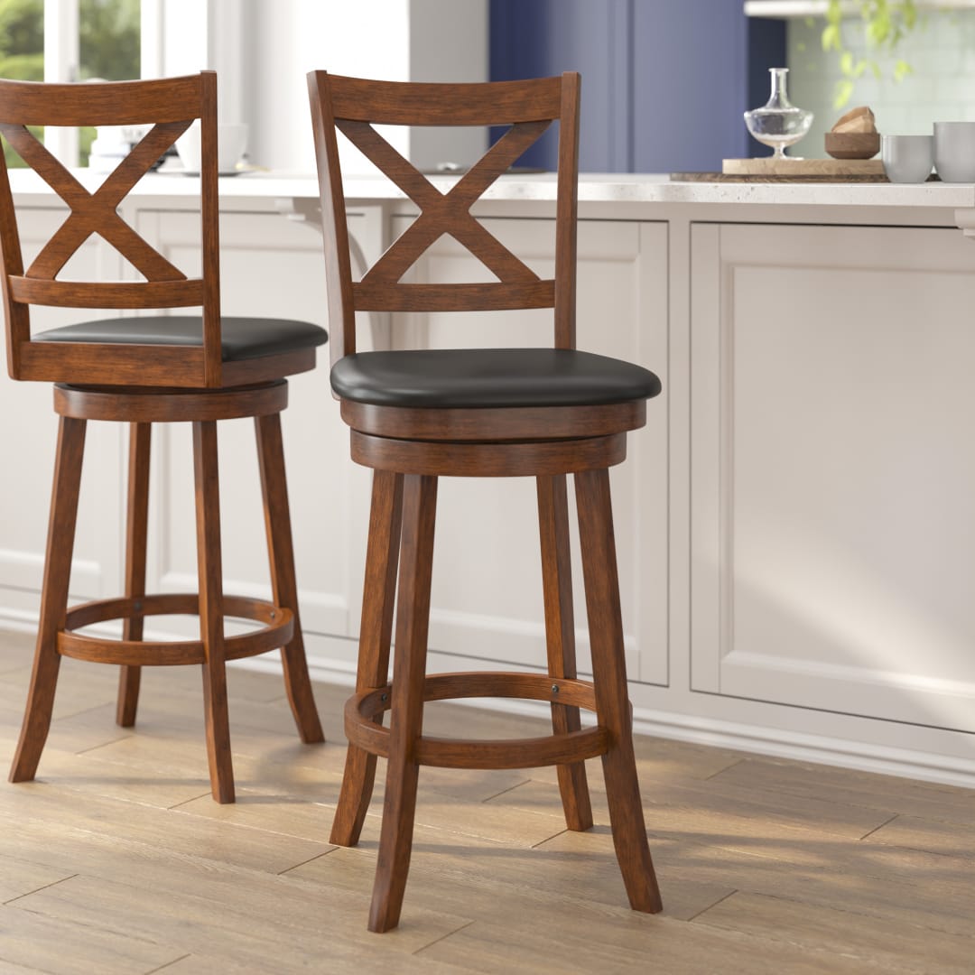 Felicity Commercial Grade Wood Classic Crossback Swivel Bar Height Barstool with Padded Black LeatherSoft Seat, Antique Oak
