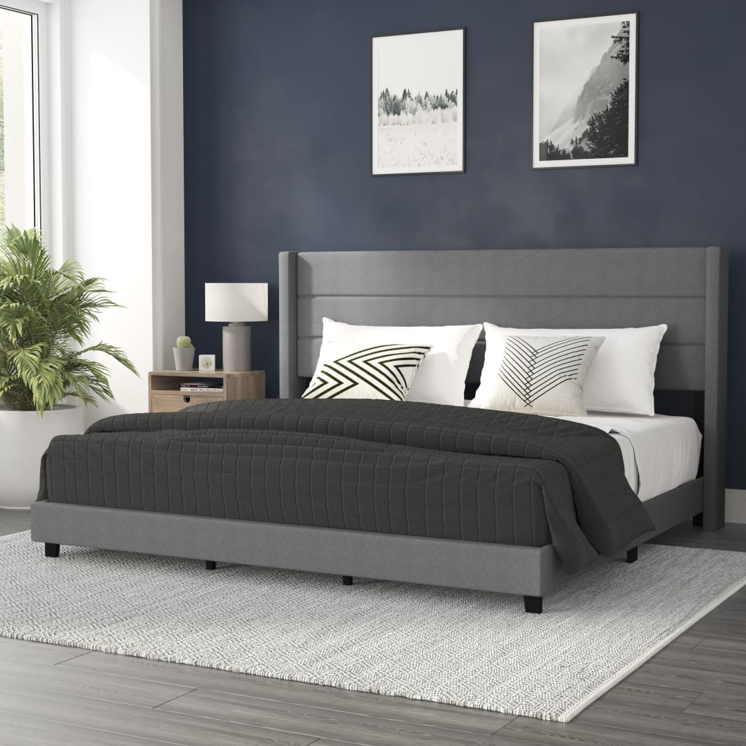 Hollis King Upholstered Platform Bed with Wingback Headboard, Mattress Foundation with Slatted Supports, No Box Spring Needed, Gray Faux Linen