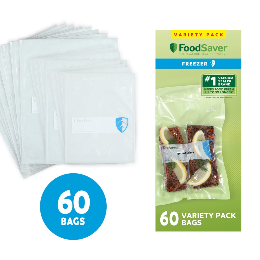 FoodSaver Vacuum Seal Bags, 60 Count Pre-Cut BPA-Free Freezer Bags, Align to Seal & Tear to Open for Food Freezer, Sous Vide, and Meal Prep