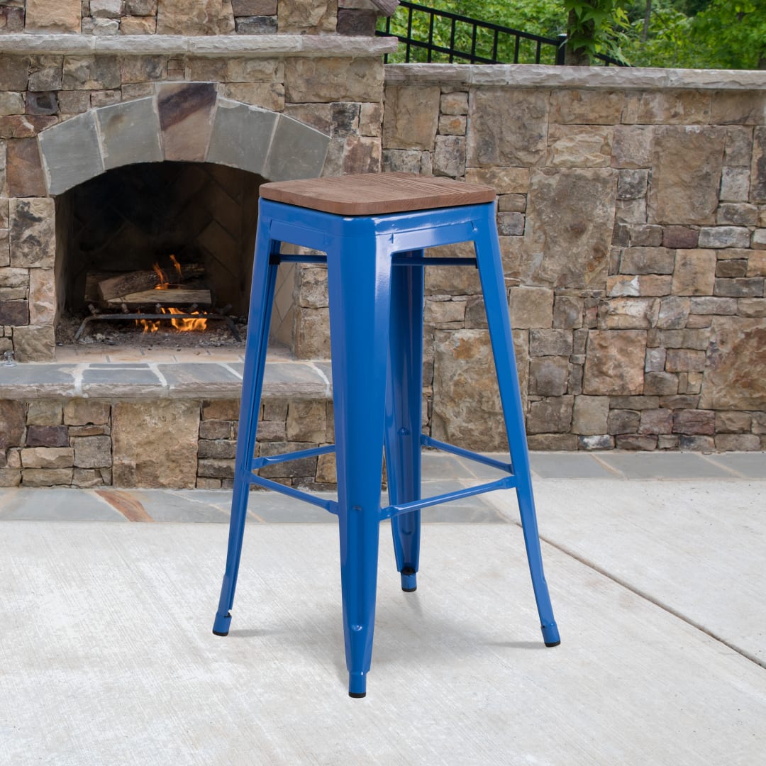 Lily 30" High Backless Blue Metal Barstool with Square Wood Seat