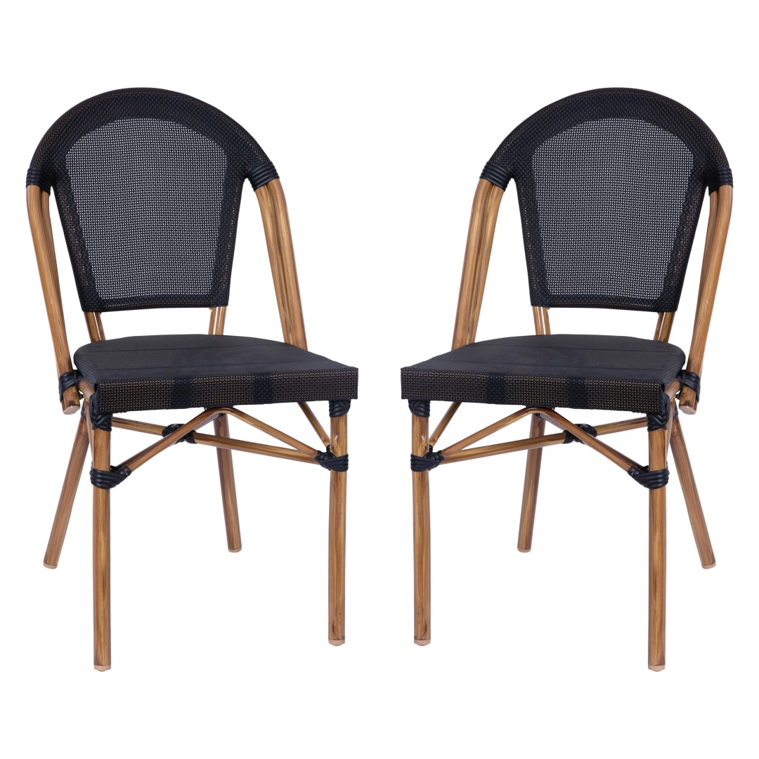 Marseille Set of 2 Indoor/Outdoor Commercial Bistro Stacking Chair, Black Textilene Back and Seat, Bamboo Print Aluminum Frame in Natural