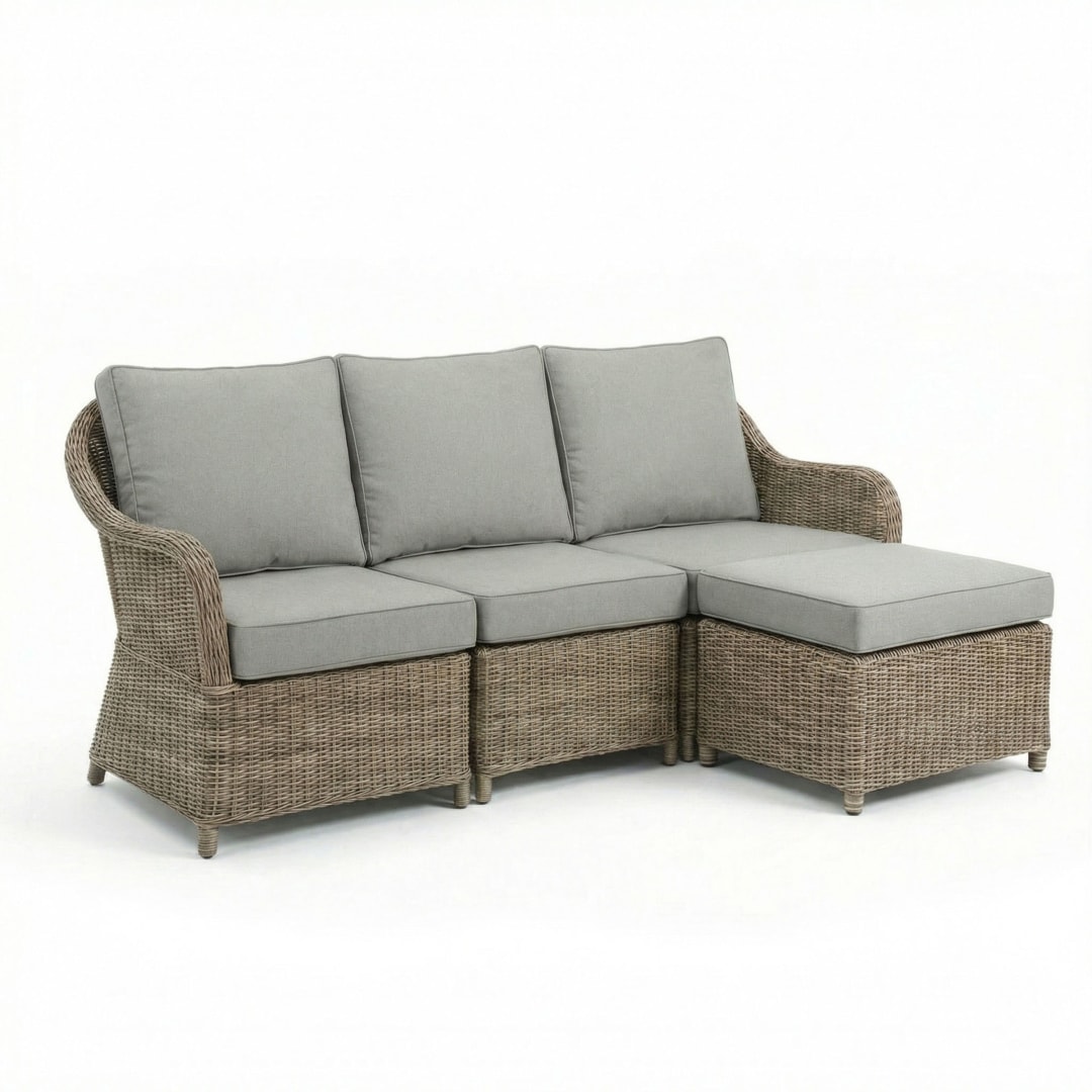Lily Pond Indoor-Outdoor Modular 3-Seat Patio Sofa with Ottoman in Weathered Gray Rattan Wicker with Gray All-Weather Cushions
