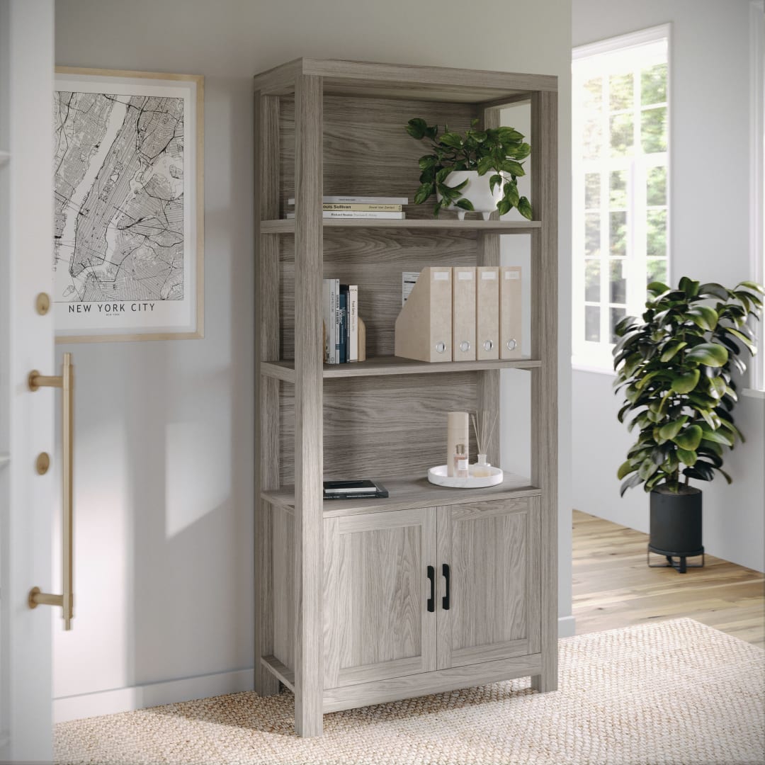Hutton Four Tier Shaker Style Bookcase with Storage Cabinet in Gray Washed Wood with Oil Rubbed Bronze Hardware