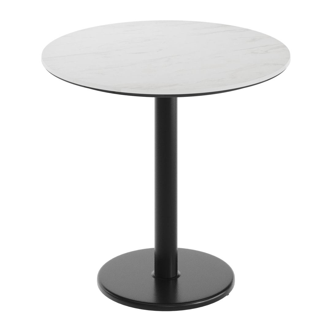 TopGuard 31.25" RD Tabletop, Seamless Surface Technology, White Faux Marble, 18" Black Round Table Height Base, Moisture, Scratch, Heat, UV Resistant