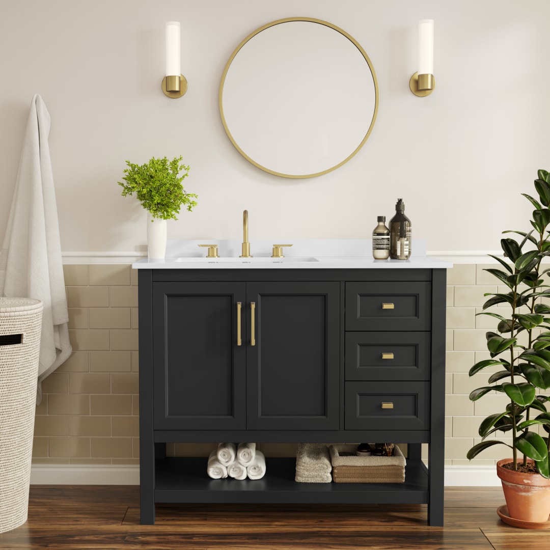 Vega 42" Bathroom Vanity with Sink, Cabinet with Gold Hardware, Soft Close Doors, Open Shelf &amp; 3 Drawers, Carrara Marble Finish Counter, Black/White
