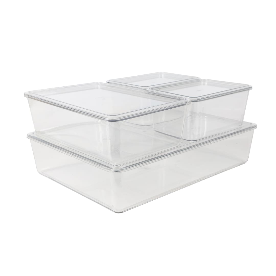 Brody Stackable Plastic Storage Box with Lids Office Desktop Organizers, Set of 4, 2-SM/1-MED/1-LG