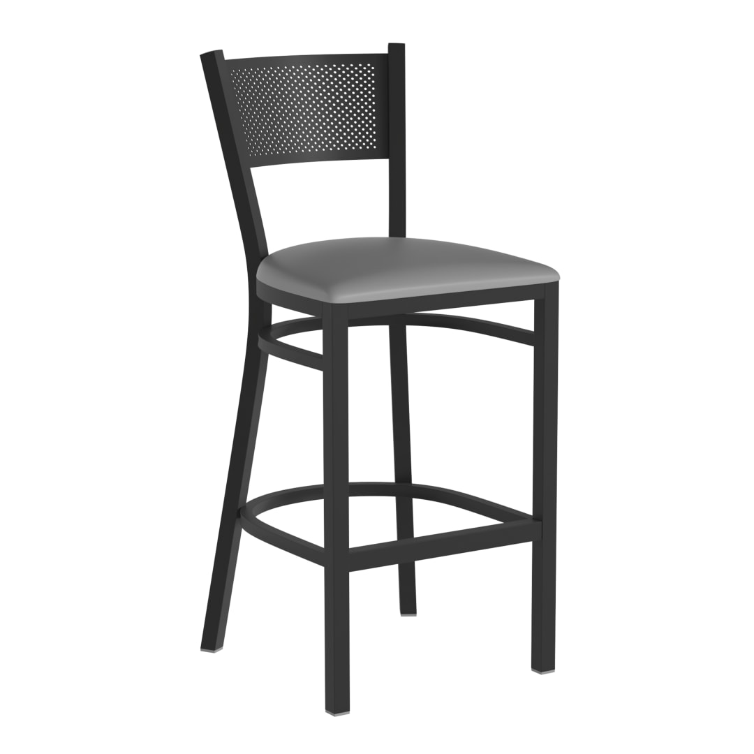 HERCULES Black Grid Back Metal Restaurant Barstool - Gray Vinyl Seat
