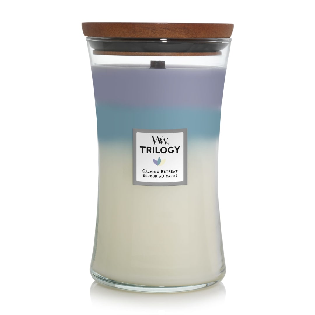 WoodWick® Large Hourglass Trilogy Scented Candle | Calming Retreat | with Crackling Wick | Burn Time: Up to 130 Hours