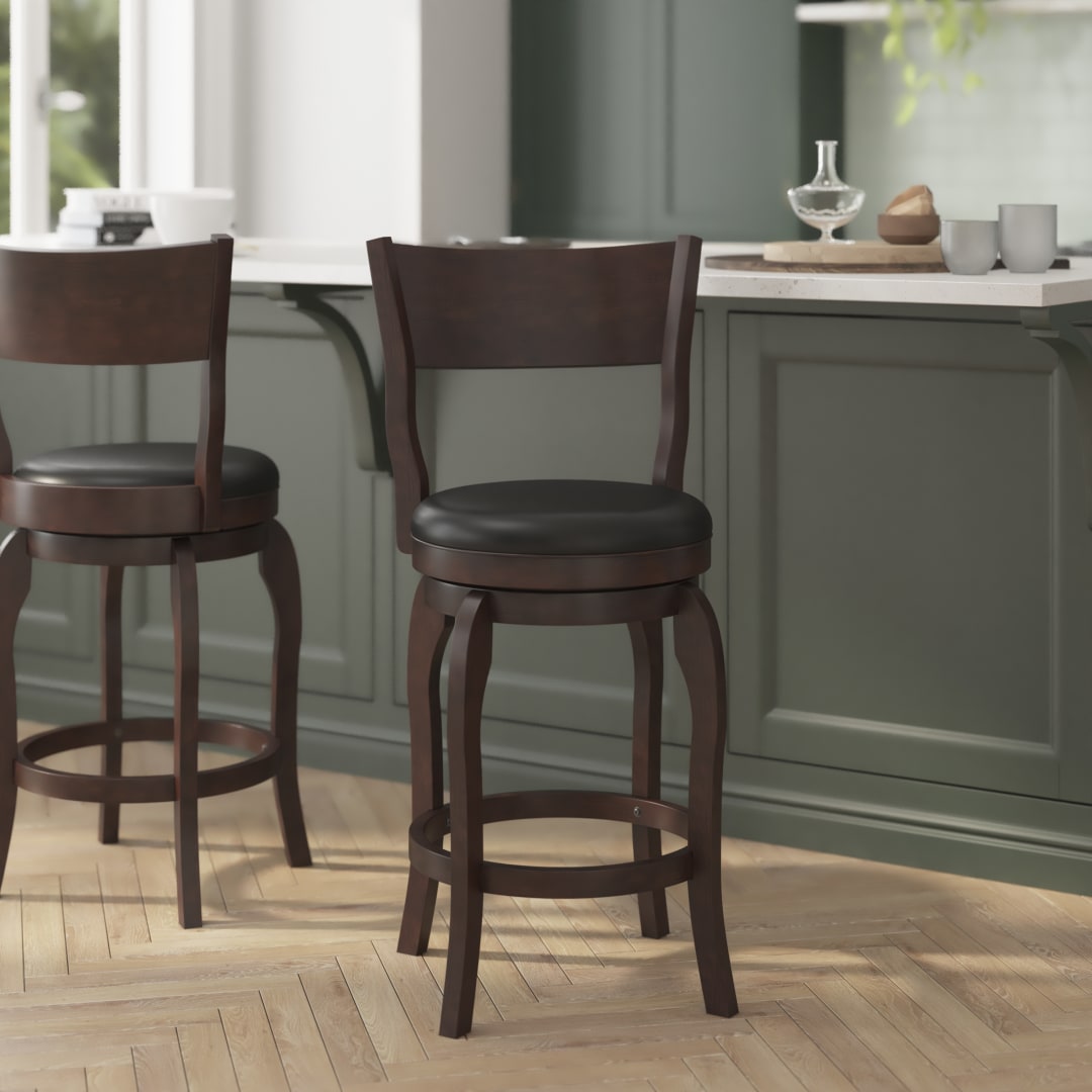 Nichola Commercial Grade Classic Open Back Swivel Counter Height Pub Barstool with Bowed Wooden Frame and Padded LeatherSoft Seat, Espresso/Black