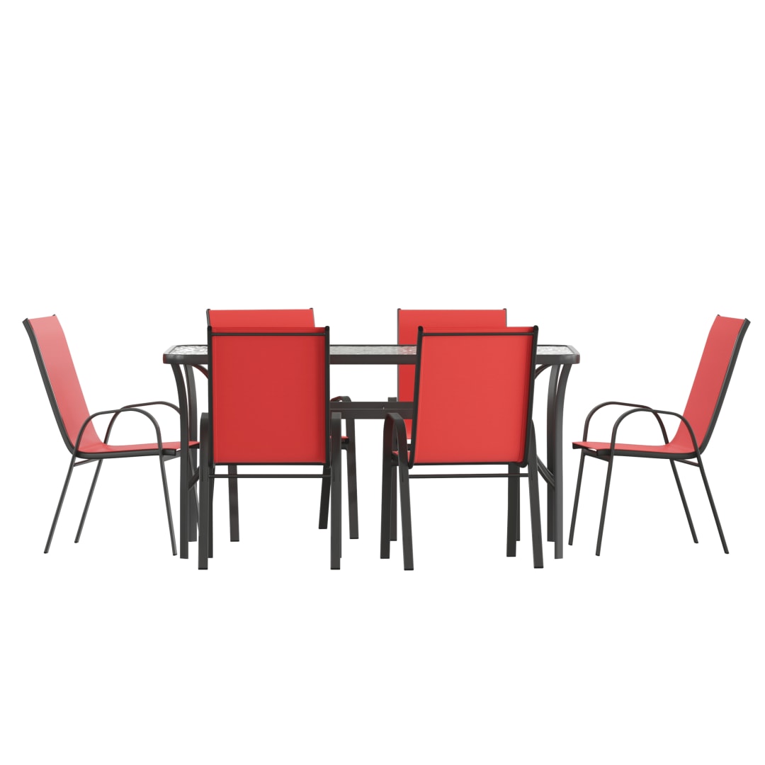 Brazos 7 Piece Commercial Grade Patio Dining Set with Tempered Glass Patio Table and 6 Chairs with Red Flex Comfort Material Seats and Backs