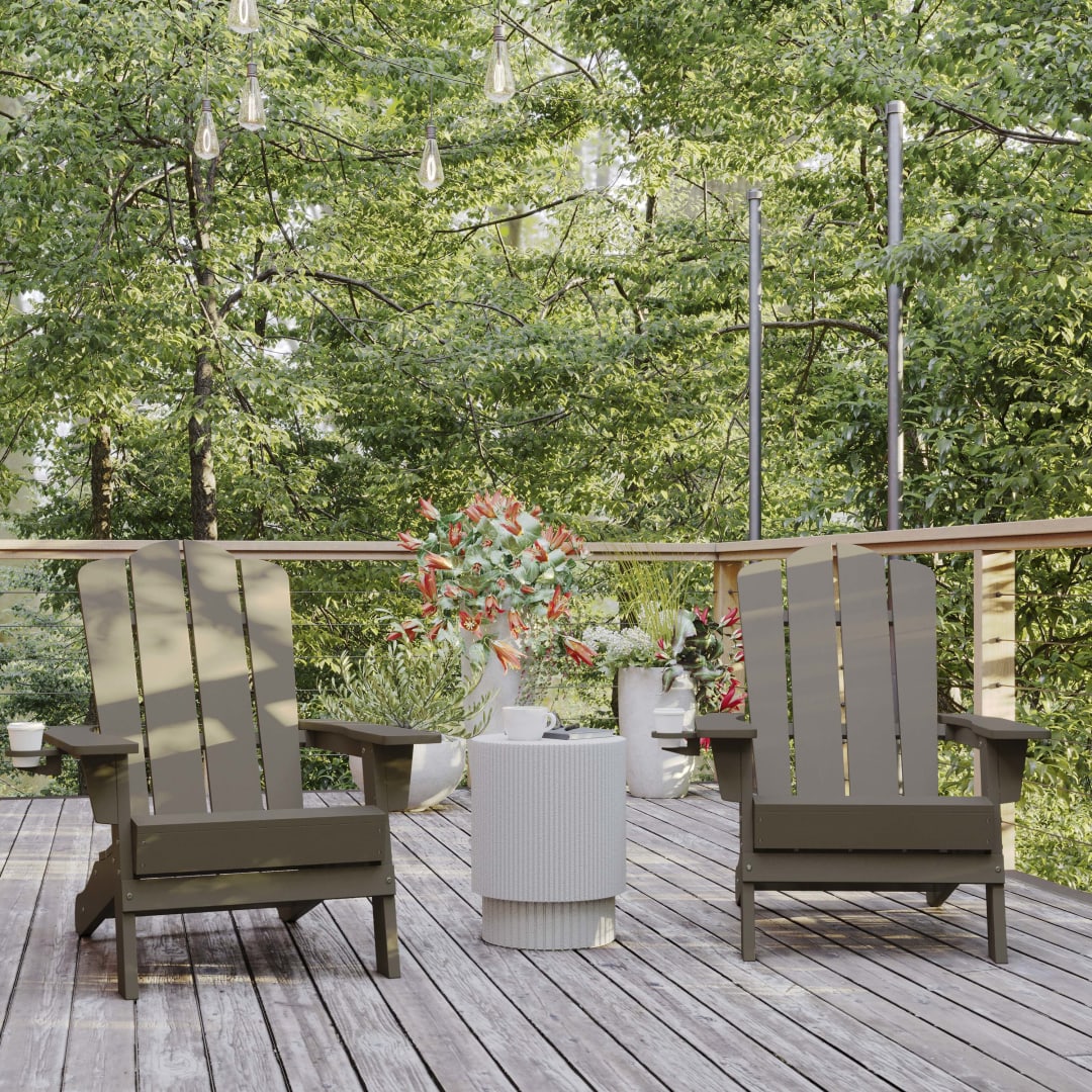 Newport Adirondack Chair with Cup Holder, Weather Resistant HDPE Adirondack Chair in Brown, Set of 2