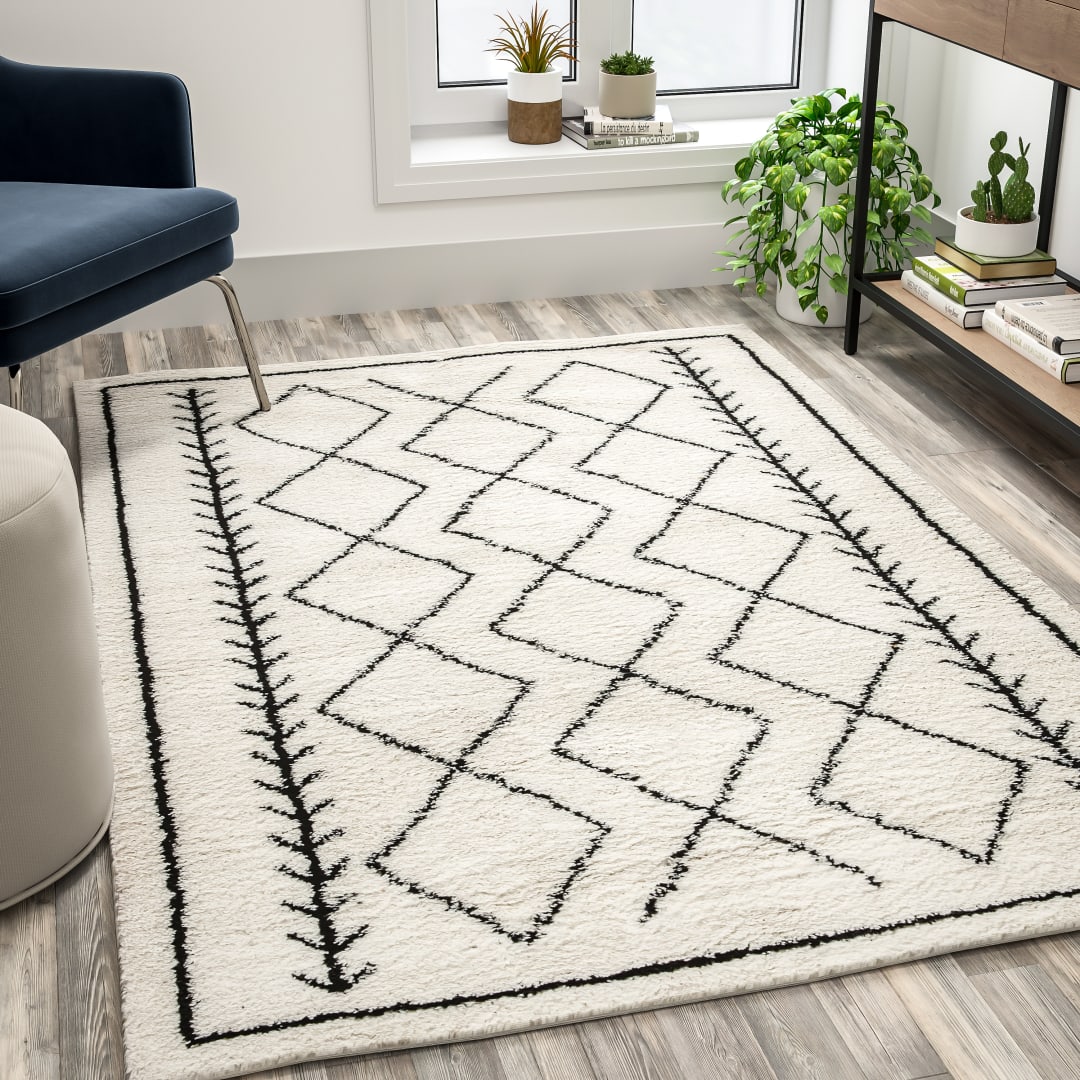 Roxy Geometric Style Bohemian Shag Area Rug - 5' x 7' - Ivory