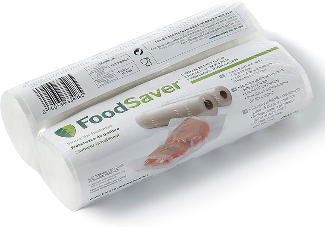 FoodSaver bolsas de envasado al vacío reutilizables | Para dispositivos de envasado al vacío de alimentos FoodSaver | Sin BPA | 2 rollos de bolsas de envasado al vacío (20cm × 6,7 m) | (‎FSR2002)