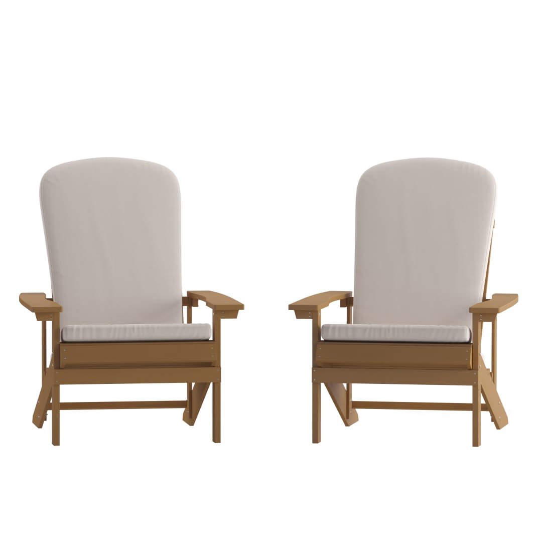 Charlestown Set of 2 All-Weather Poly Resin Wood Adirondack Chairs in Teak with Cream Cushions for Deck, Porch, and Patio