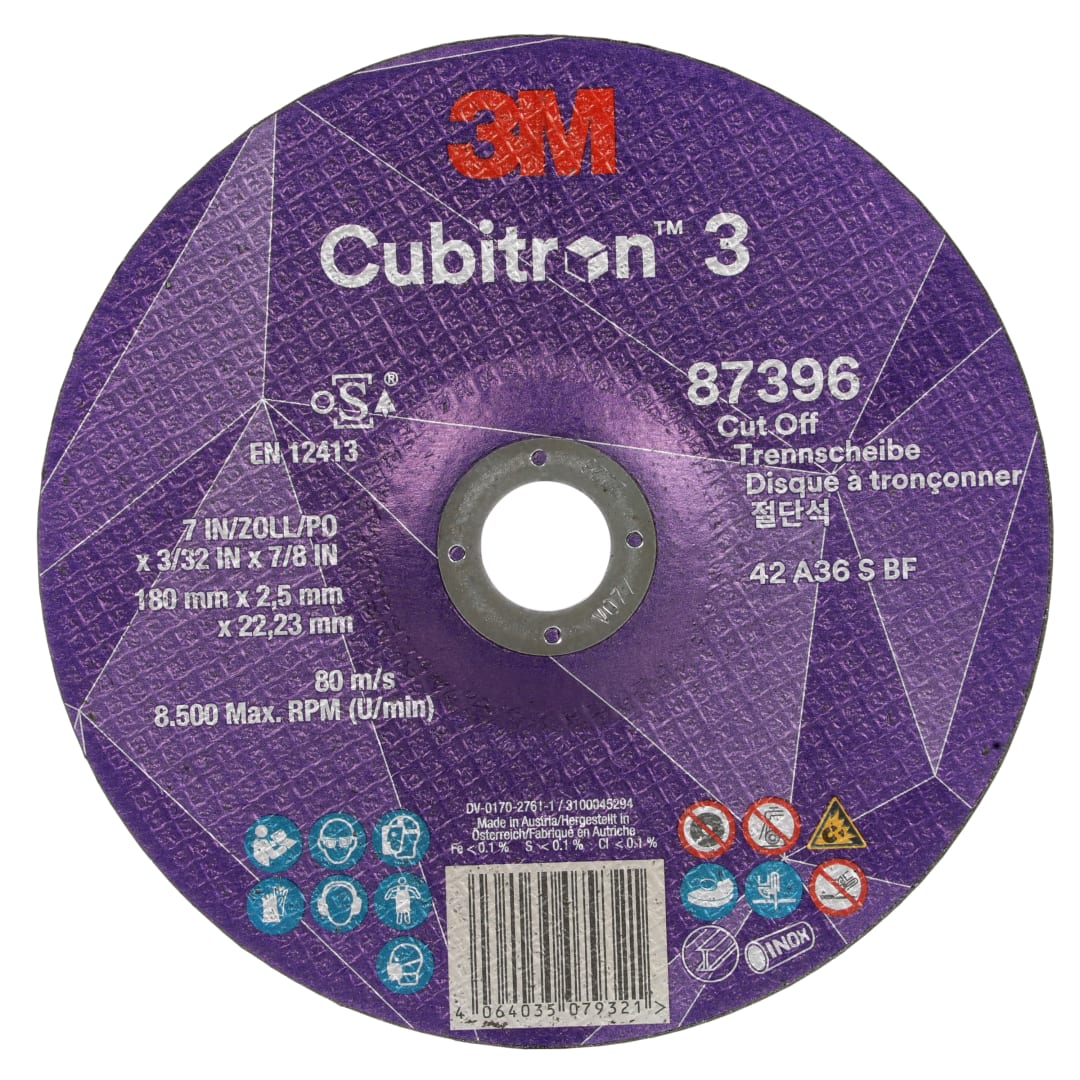 3M™ Cubitron™ 3 Kesme Taşı, 87396, 36+, T42, 180 mm x 2,5 mm x 22,23 mm, EN, 25/Paket, 50 adet/Kutu