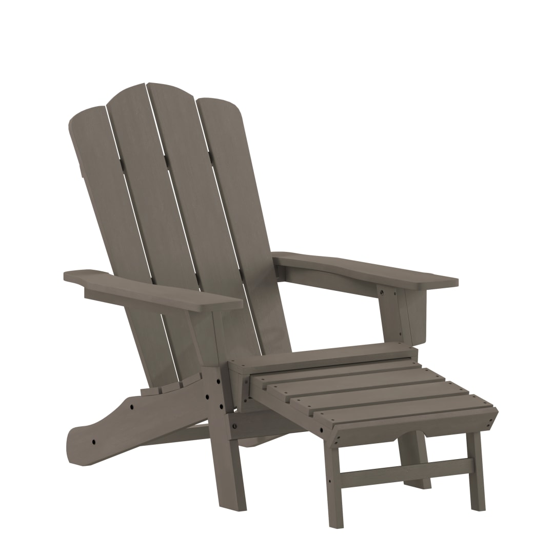 Newport HDPE Adirondack Chair with Cup Holder and Pull Out Ottoman, All-Weather HDPE Indoor/Outdoor Lounge Chair in Brown