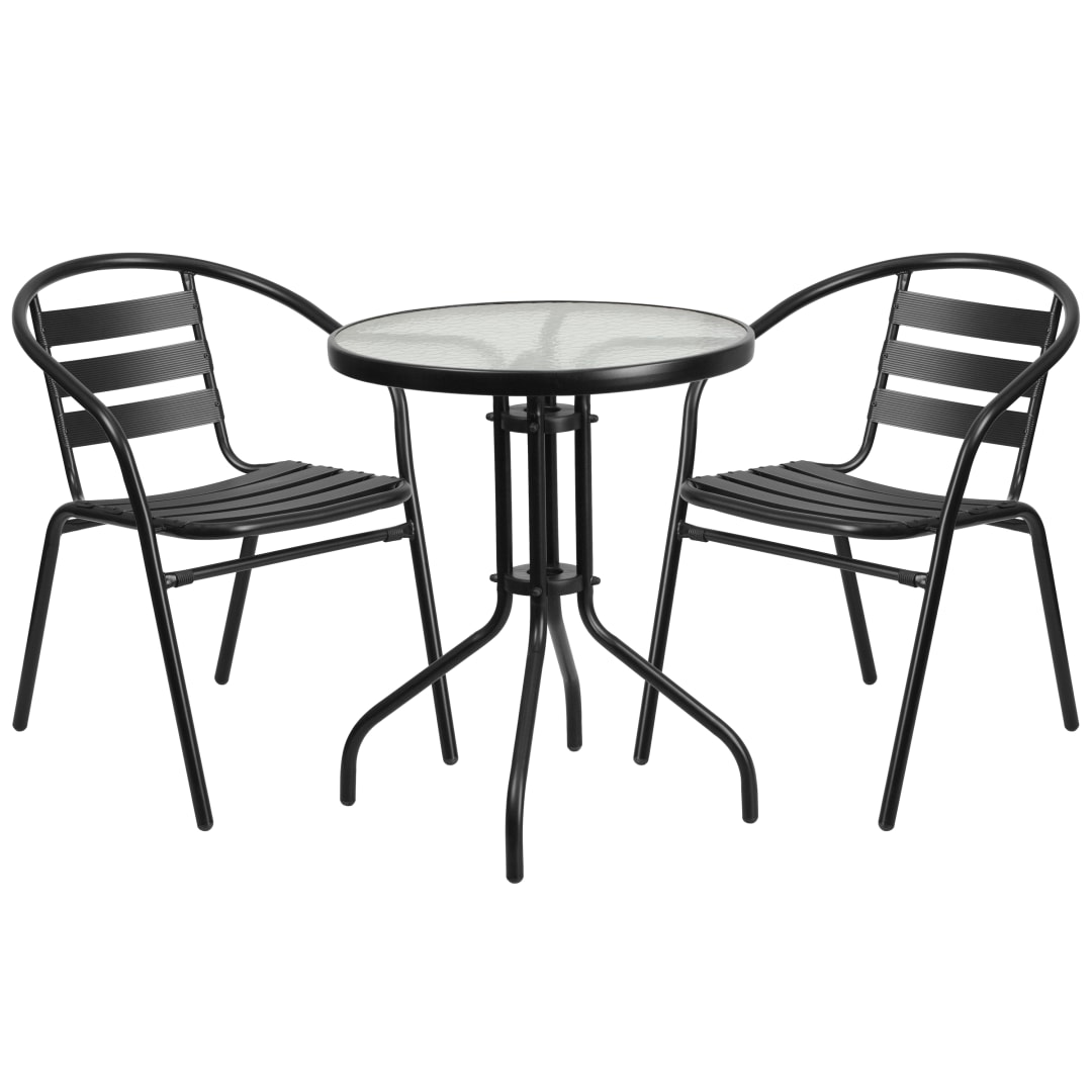 Lila 23.75'' Round Glass Metal Table with 2 Black Metal Aluminum Slat Stack Chairs